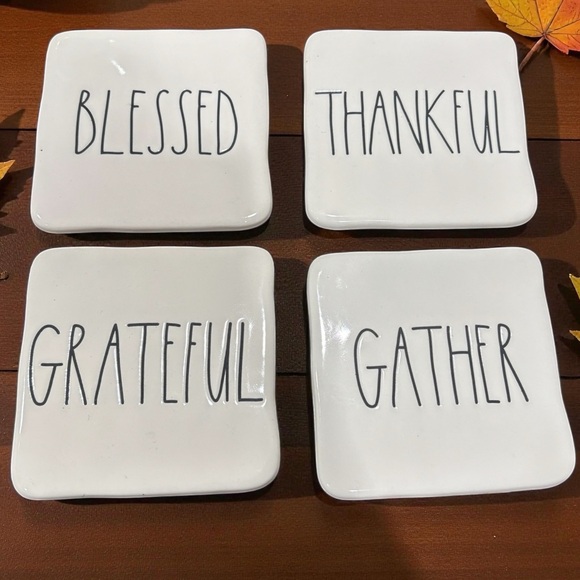 NWT RAE DUNN Ceramic THANKFUL Coasters White Cork Backing Celebrate Set of 4 - Picture 10 of 10